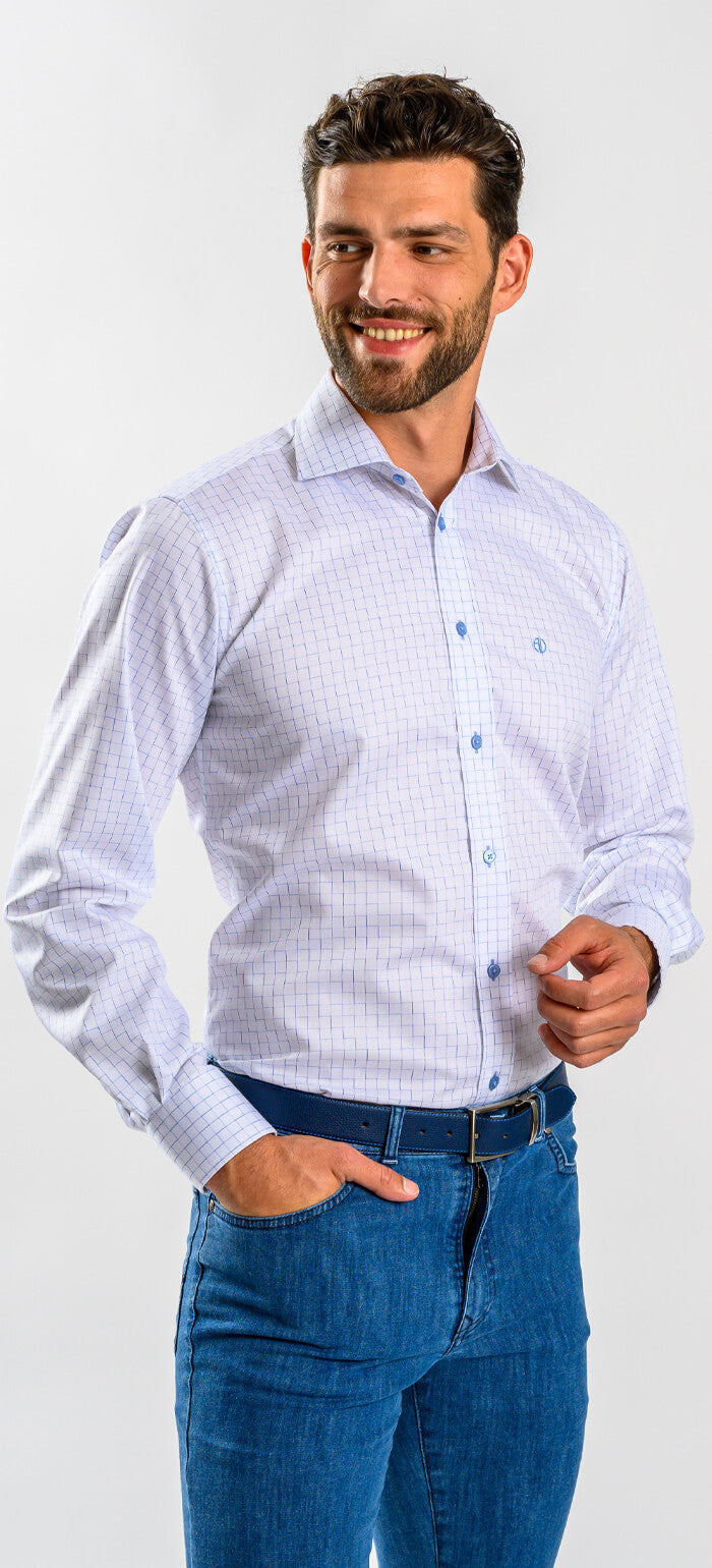 White Slim Fit Shirt with Blue Square Pattern