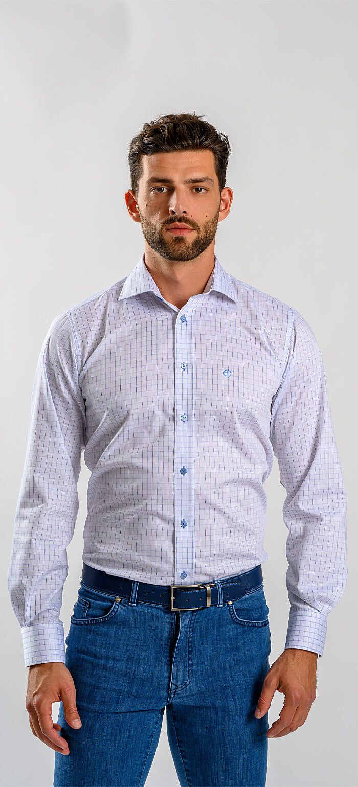 White Slim Fit Shirt with Blue Square Pattern