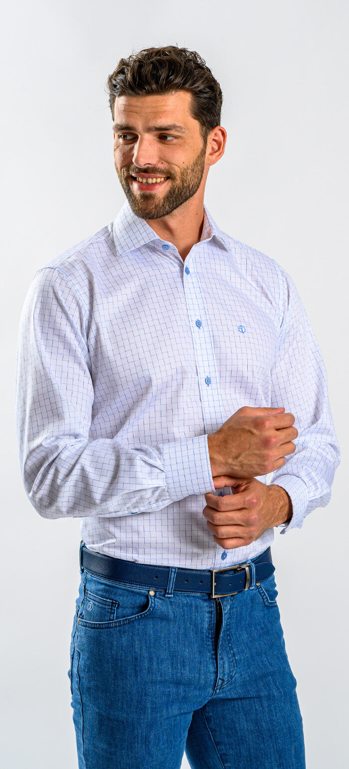 White Slim Fit Shirt with Blue Square Pattern