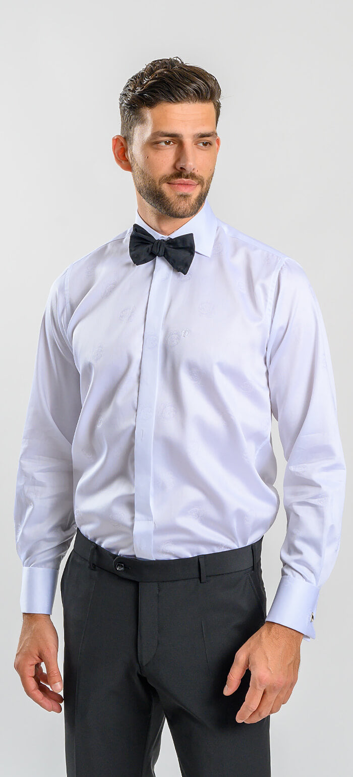 White Slim Fit Dress Shirt with Rose Pattern