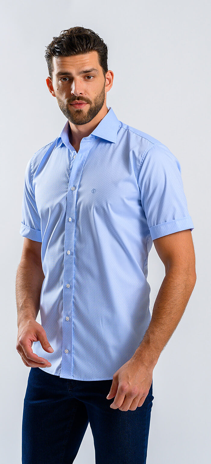 Pale blue Slim Fit shirt with short sleeves and a subtle pattern
