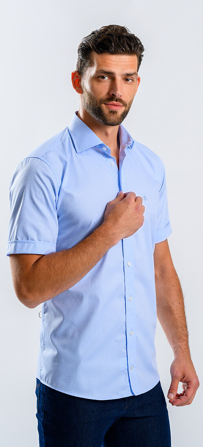 Pale blue Slim Fit shirt with short sleeves and a subtle pattern