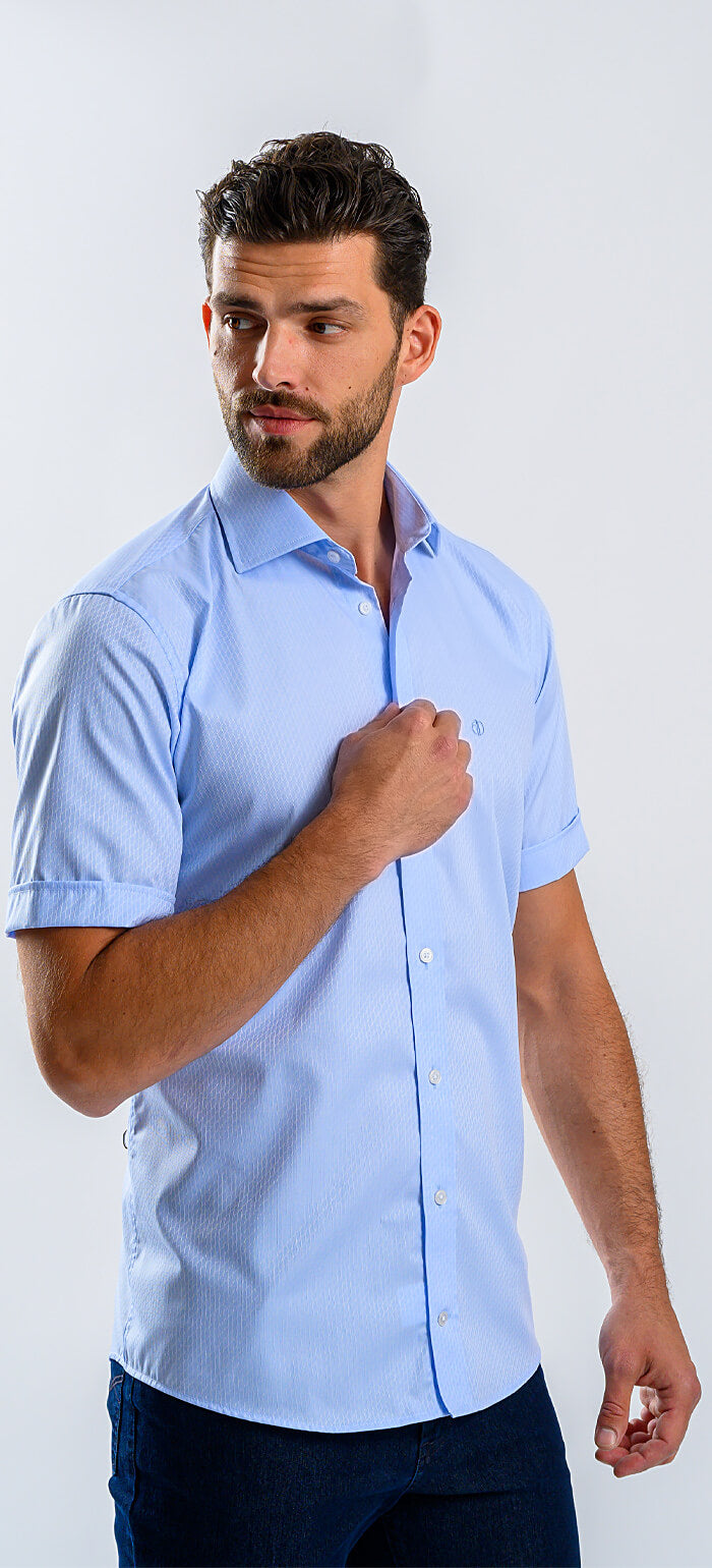 Pale blue Slim Fit shirt with short sleeves and a subtle pattern