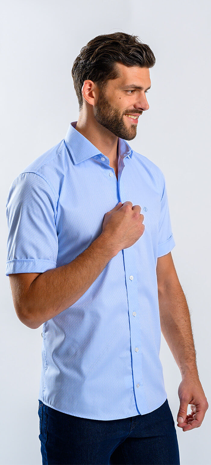 Pale blue Slim Fit shirt with short sleeves and a subtle pattern