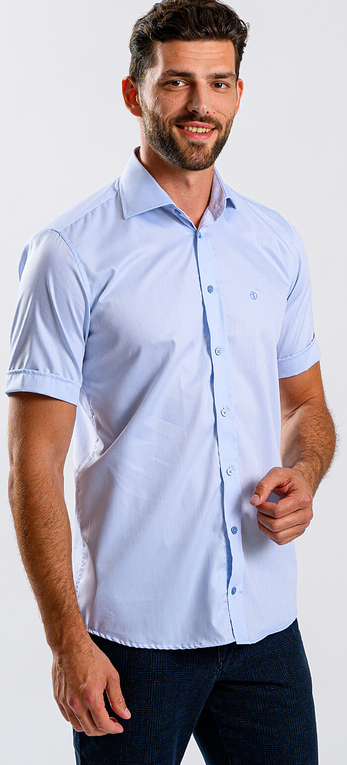 Pale blue slim fit short sleeve shirt with small dots