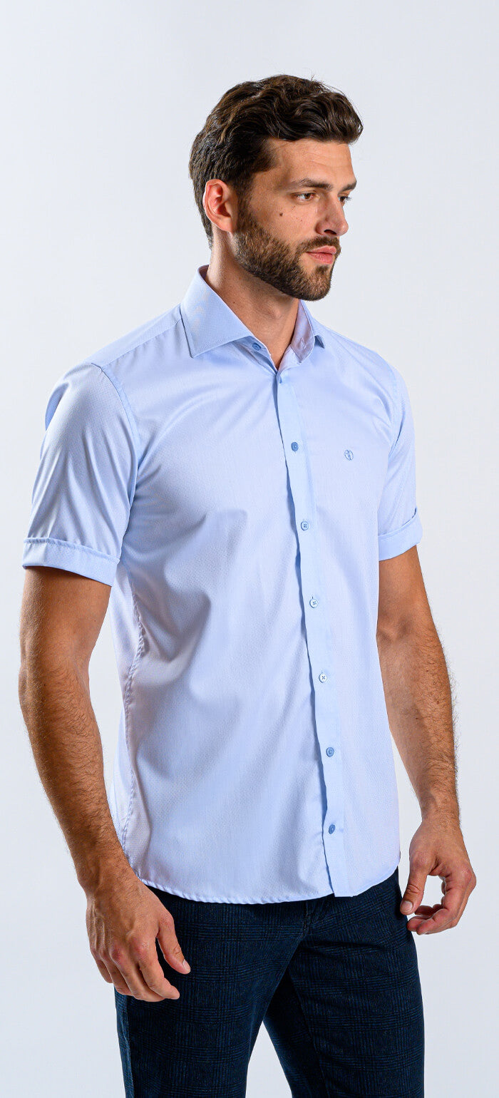 Pale blue slim fit short sleeve shirt with small dots