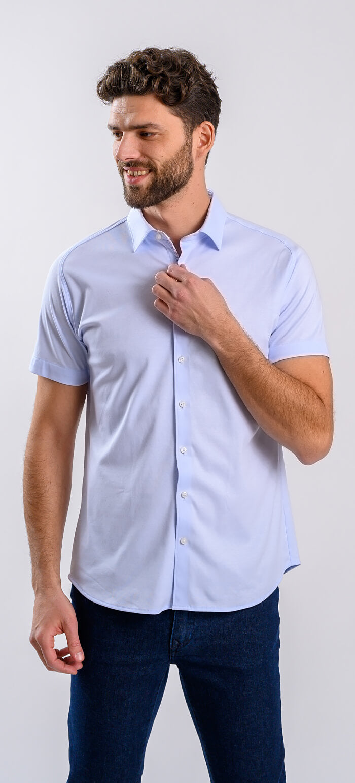 Bledomodrá strečová Extra Slim Fit košeľa s krátkym rukávom