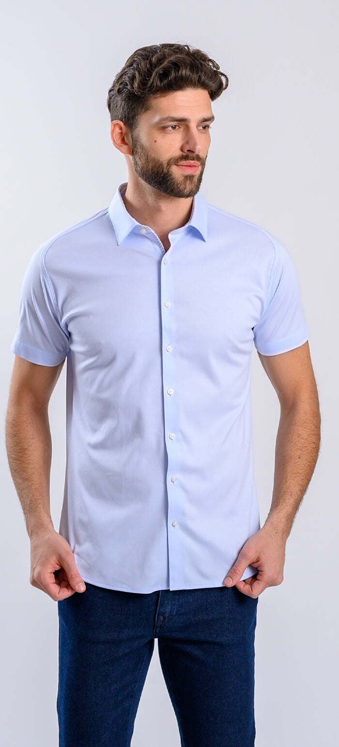 Bledomodrá strečová Extra Slim Fit košeľa s krátkym rukávom