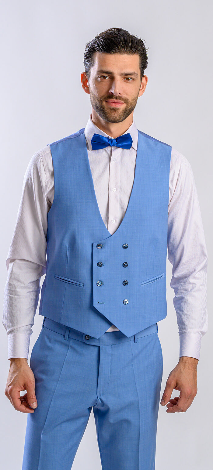Bledomodrý svadobný Slim Fit oblek s vestou