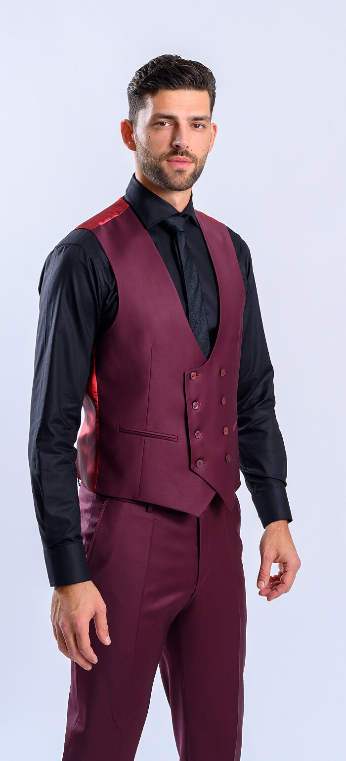 Bordový Slim Fit oblek s vestou
