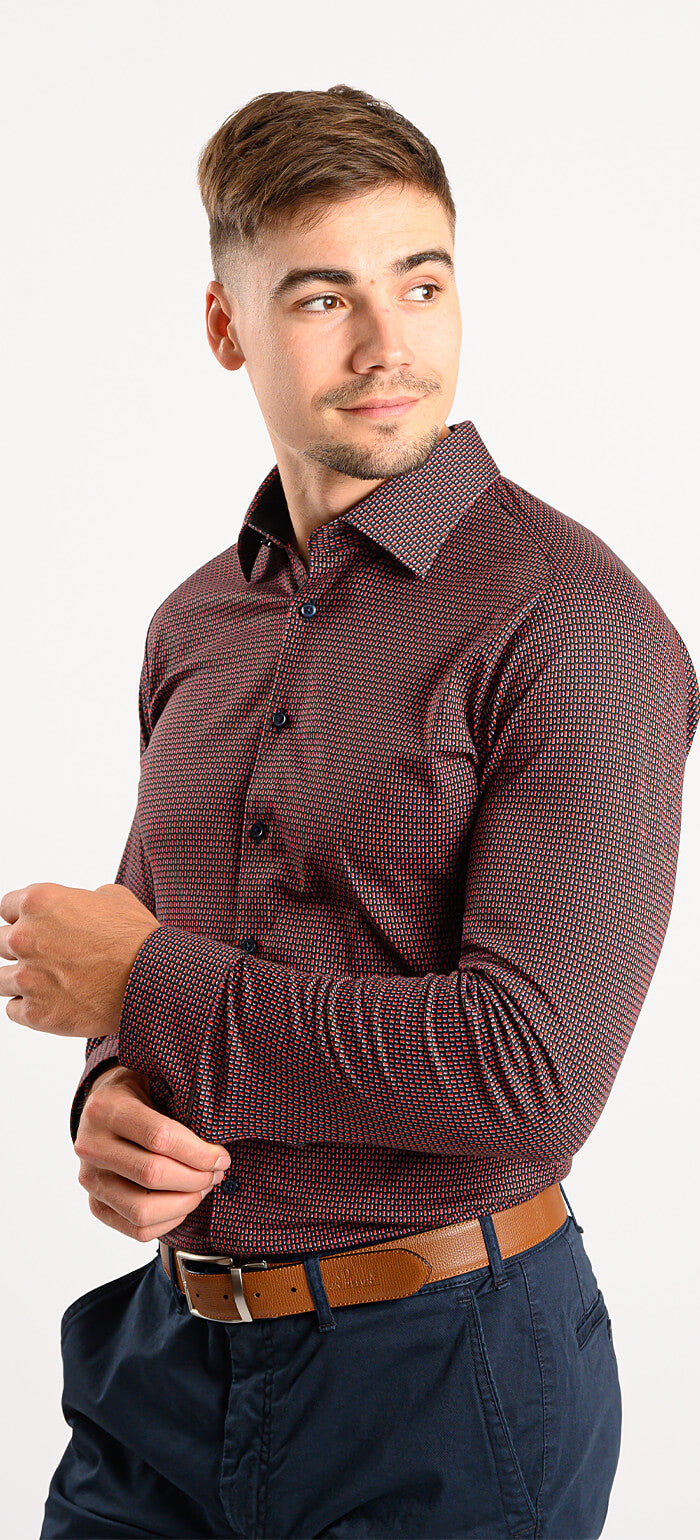 Red patterned stretch Extra Slim Fit shirt with anti-wrinkle treatment