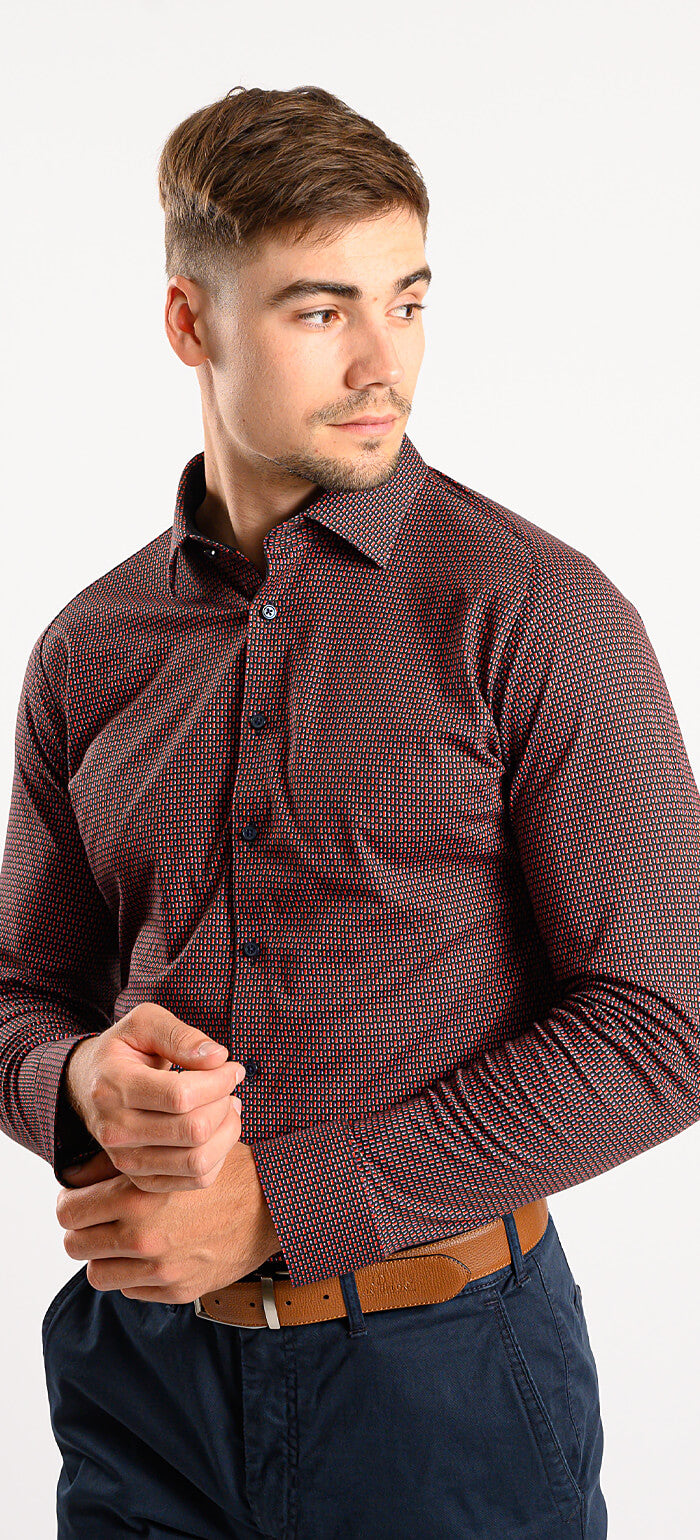 Red patterned stretch Extra Slim Fit shirt with anti-wrinkle treatment