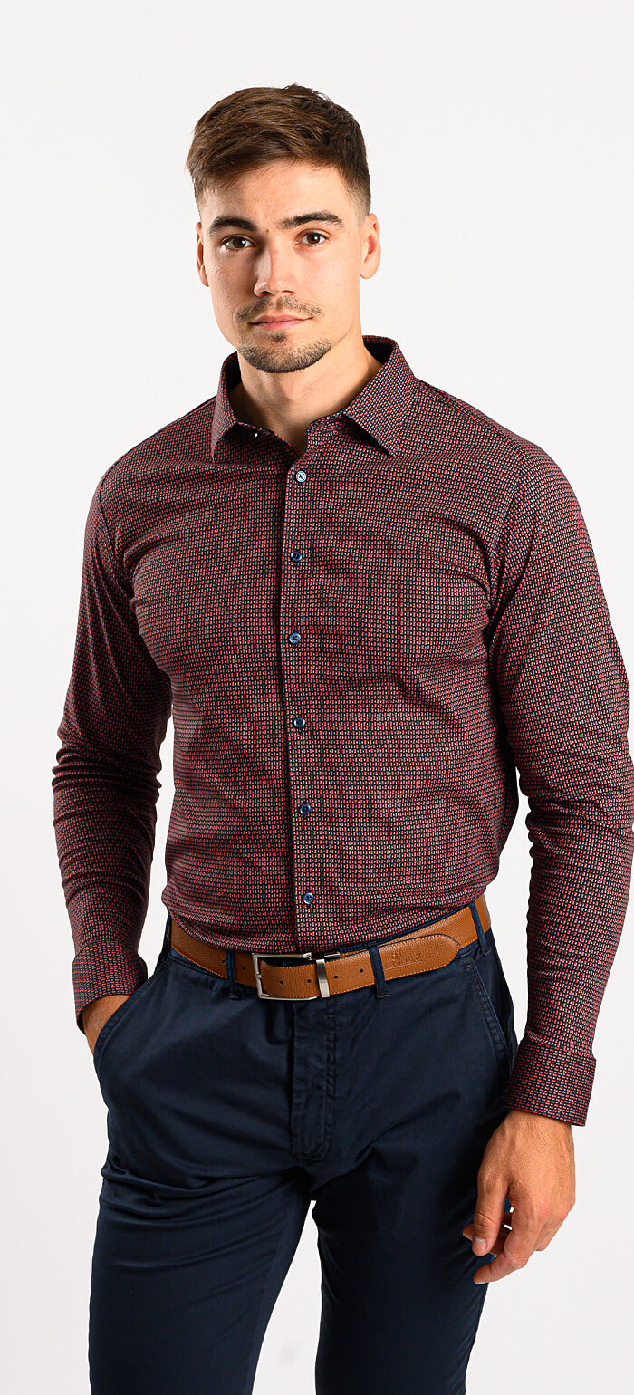 Red patterned stretch Extra Slim Fit shirt with anti-wrinkle treatment