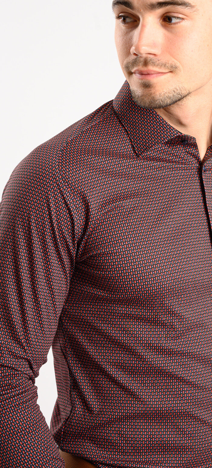 Red patterned stretch Extra Slim Fit shirt with anti-wrinkle treatment