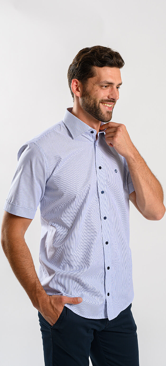 Blue Slim Fit Short Sleeve Shirt with Fine Pattern