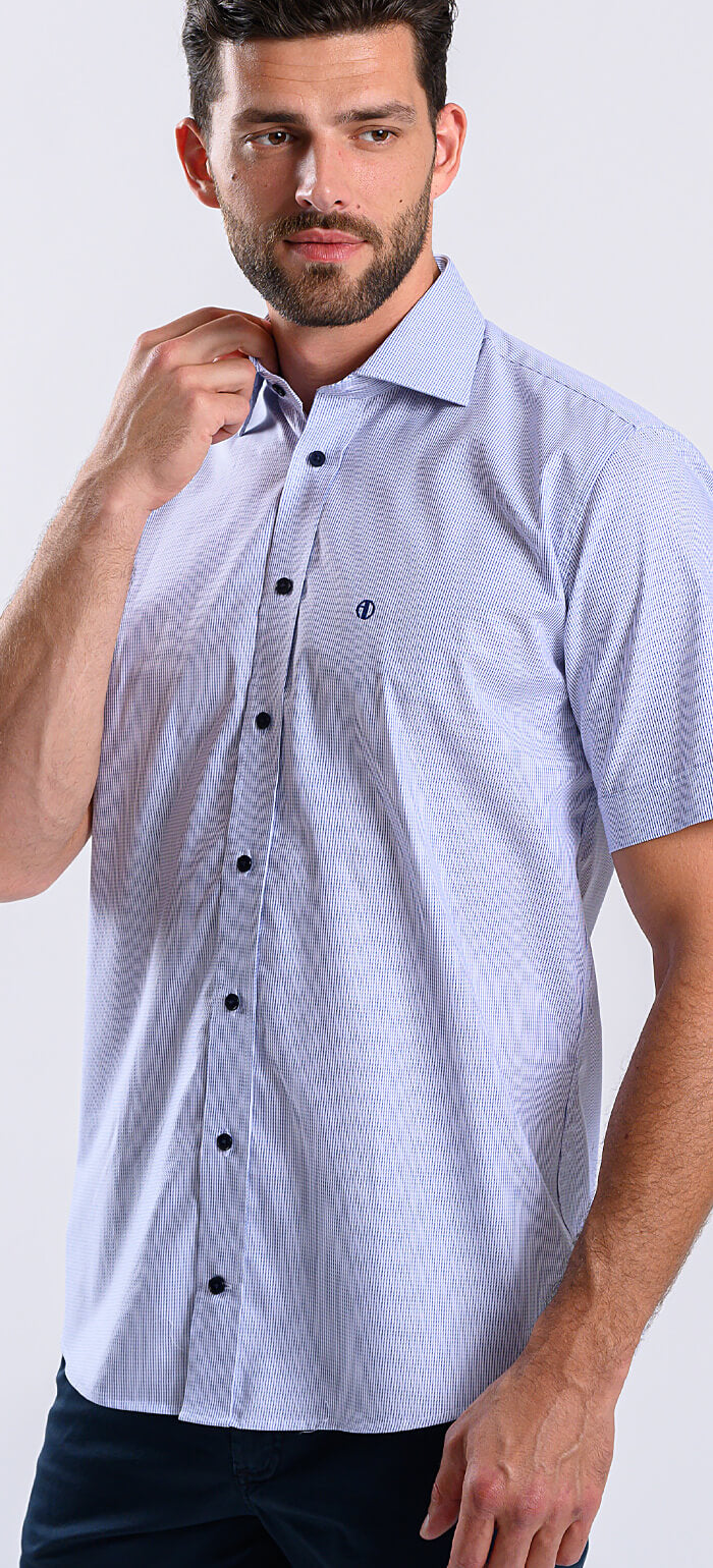 Blue Slim Fit Short Sleeve Shirt with Fine Pattern