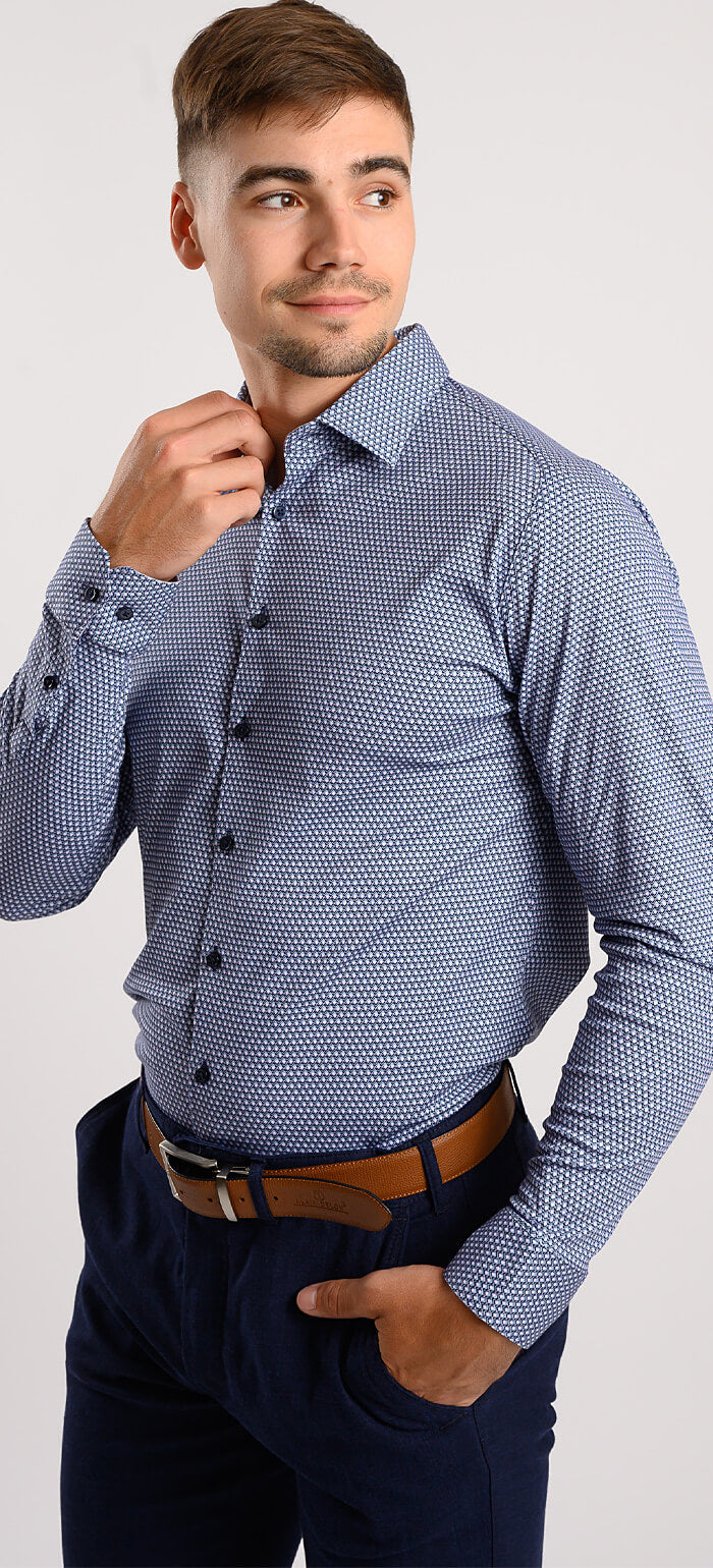 Blue stretch Extra Slim Fit shirt with pink pattern and anti-wrinkle finish