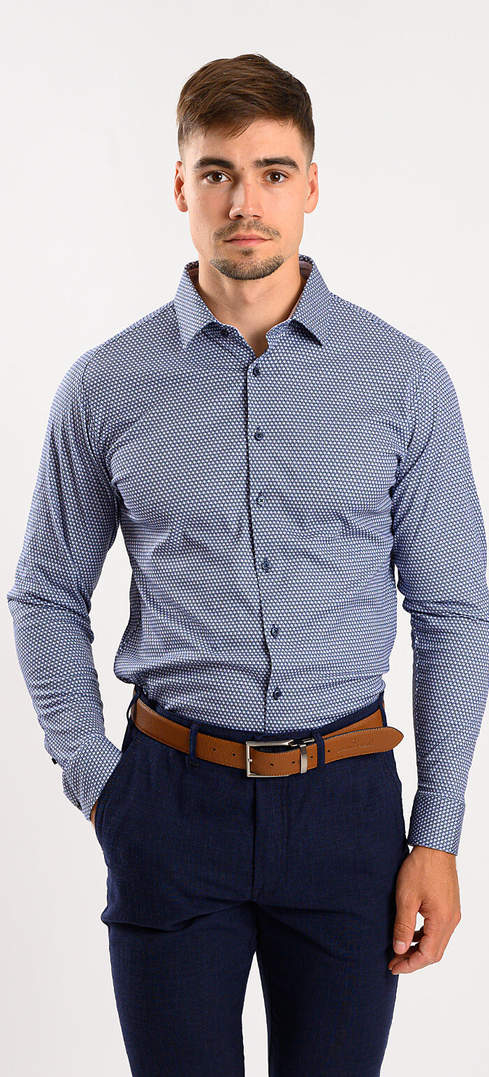 Blue stretch Extra Slim Fit shirt with pink pattern and anti-wrinkle finish