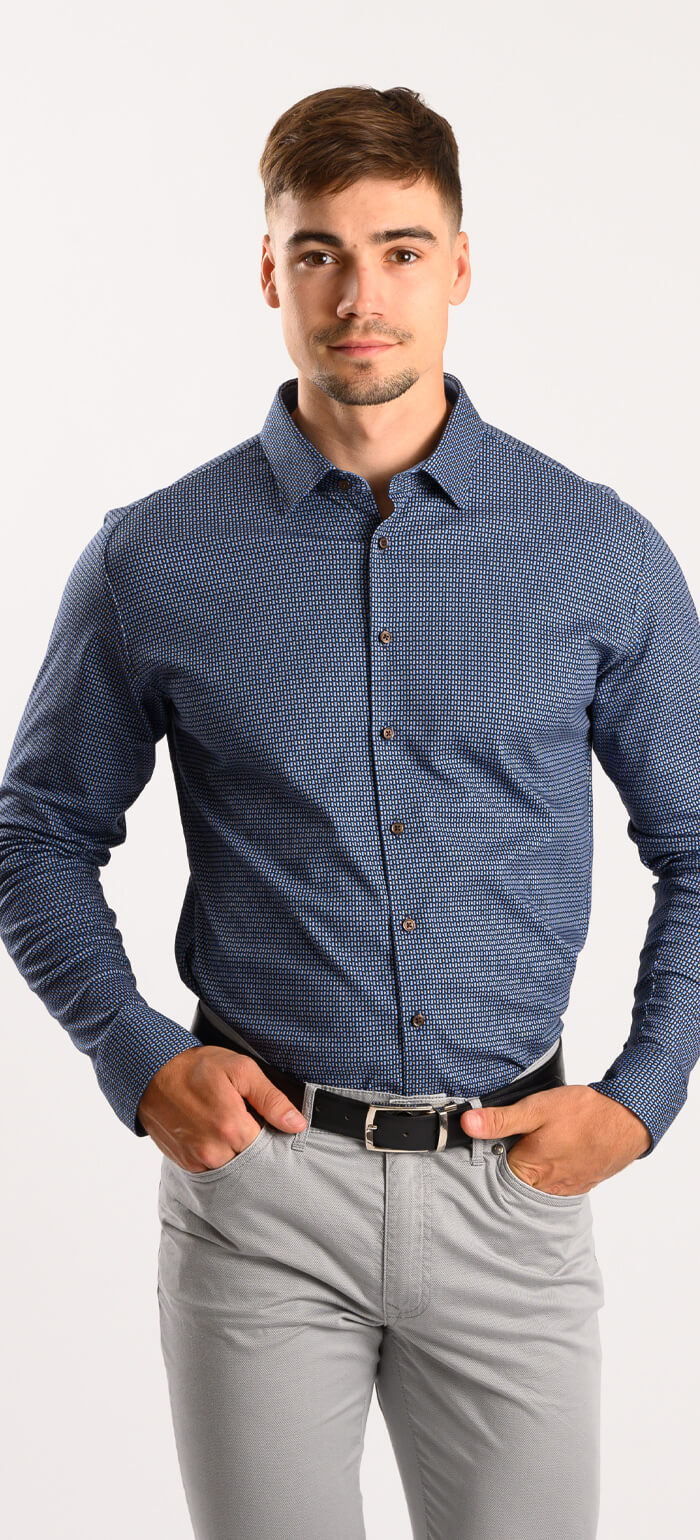 Blue patterned stretch Extra Slim Fit shirt with anti-wrinkle treatment