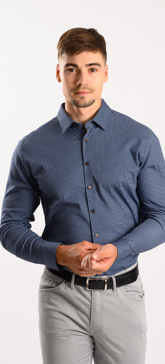 Blue patterned stretch Extra Slim Fit shirt with anti-wrinkle treatment