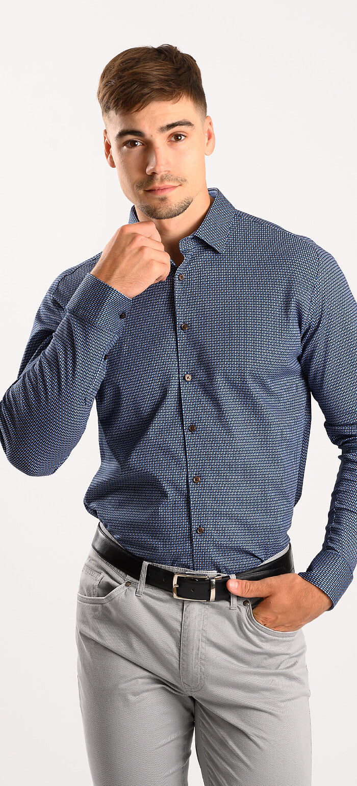 Blue patterned stretch Extra Slim Fit shirt with anti-wrinkle treatment