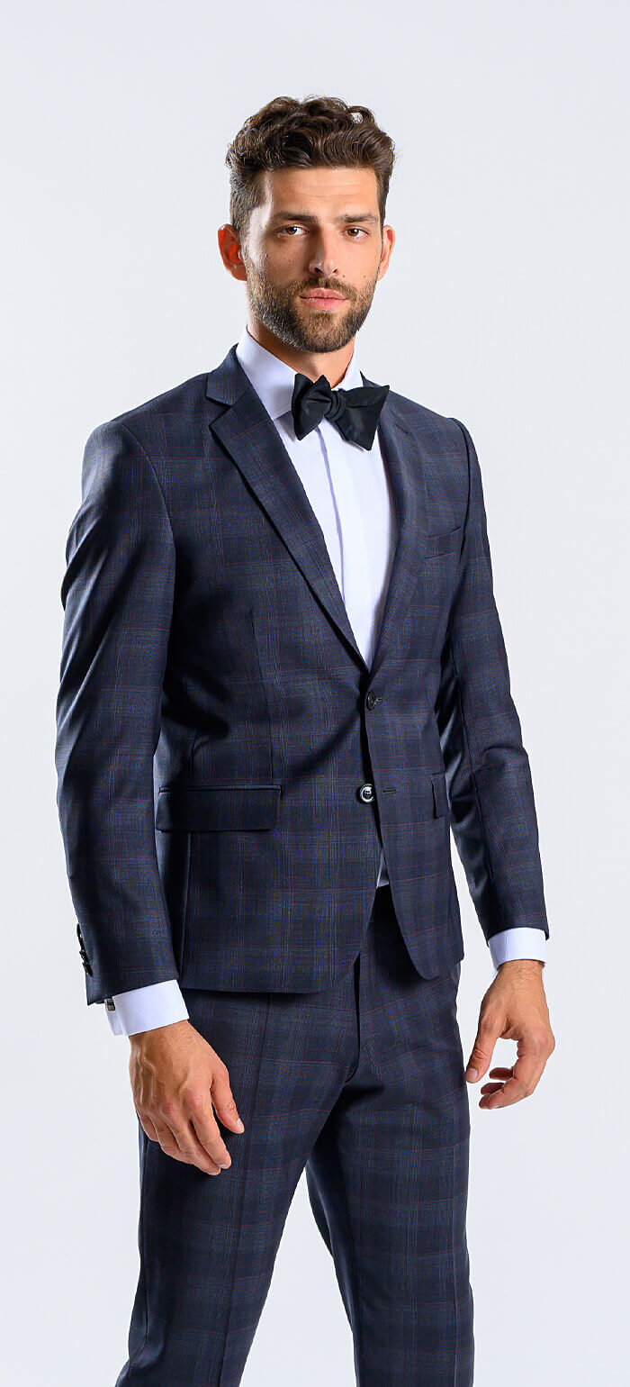 Modrý Slim fit oblek s bordovým károm