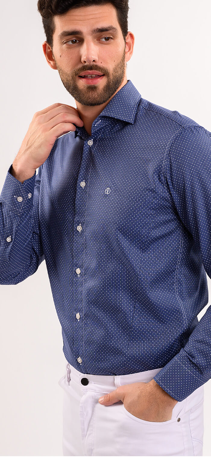 Navy Blue Extra Slim Fit Shirt with White Polka Dots