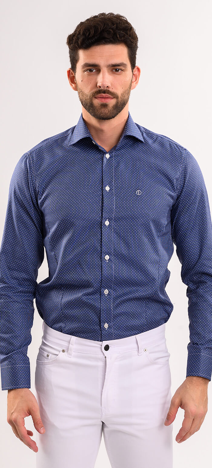 Navy Blue Extra Slim Fit Shirt with White Polka Dots