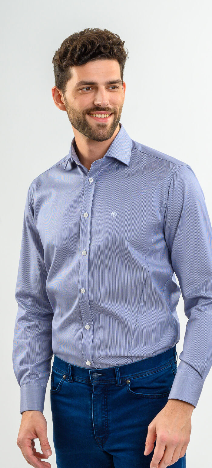 Navy Blue Extra Slim Fit Shirt with White Stripes