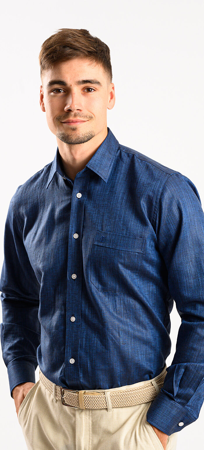 Navy blue linen slim fit shirt with a subtle texture