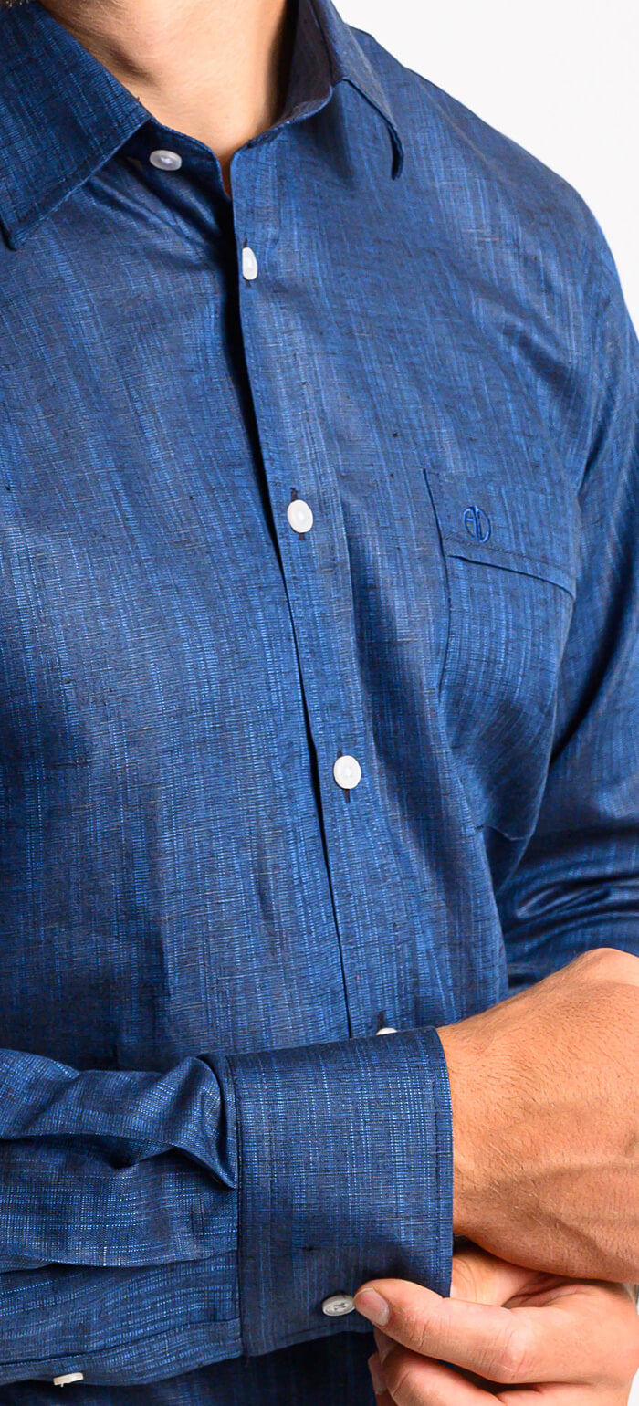 Navy blue linen slim fit shirt with a subtle texture