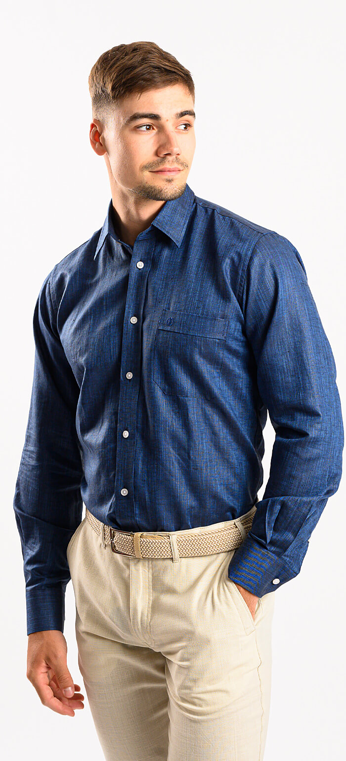 Navy blue linen slim fit shirt with a subtle texture
