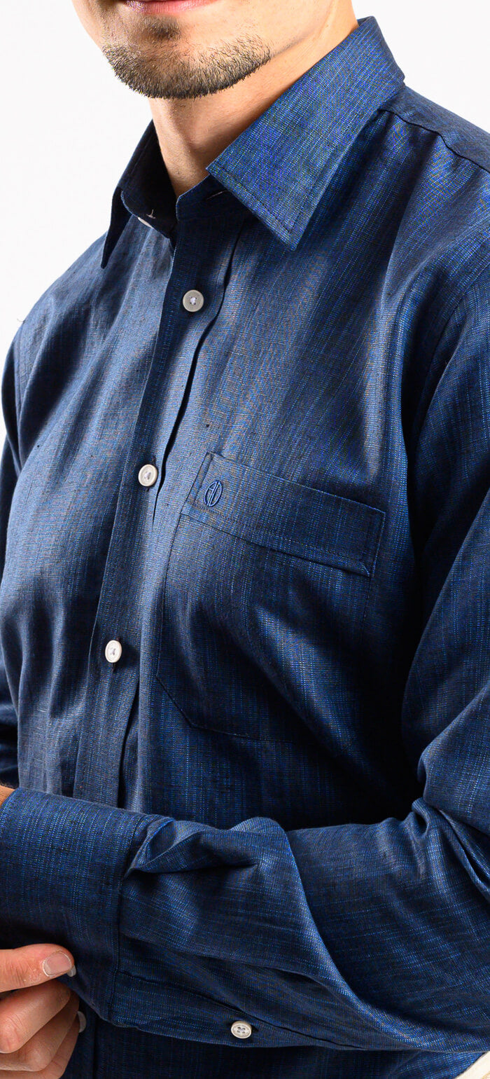 Navy blue linen slim fit shirt with a subtle texture