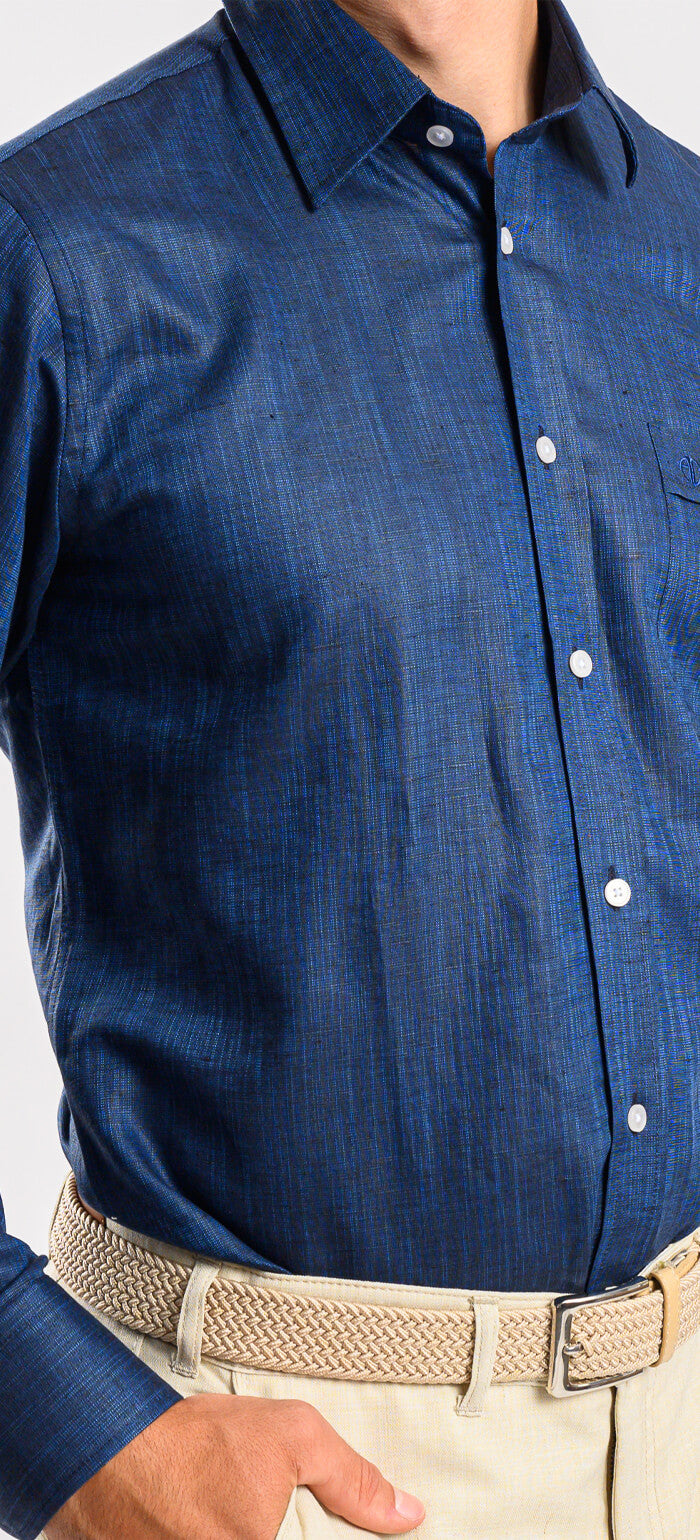 Navy blue linen slim fit shirt with a subtle texture
