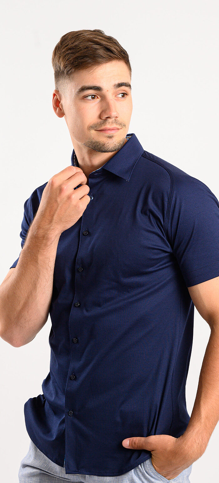 Navy Blue Stretch Extra Slim Fit Short Sleeve Shirt