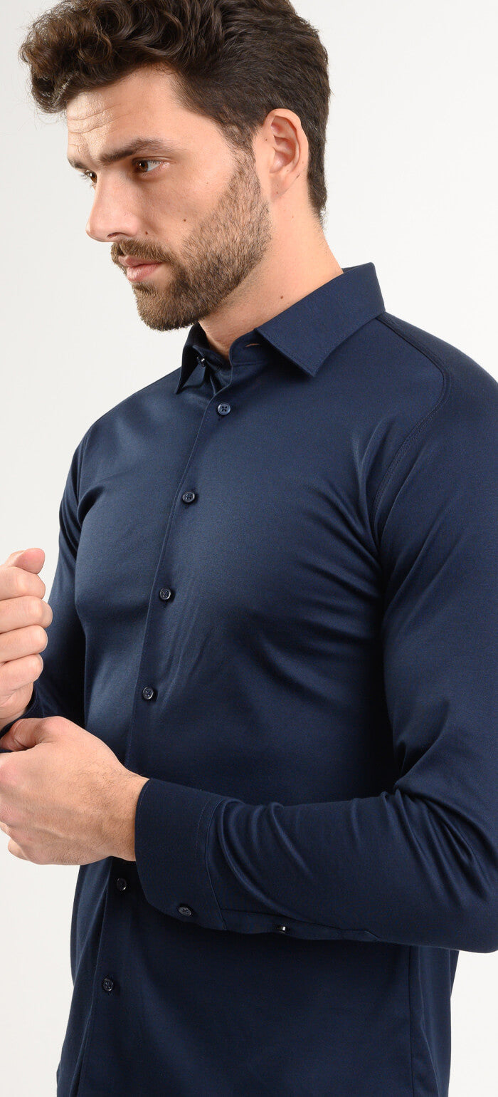Navy Blue Stretch Extra Slim Fit Shirt with Anti-Wrinkle Treatment