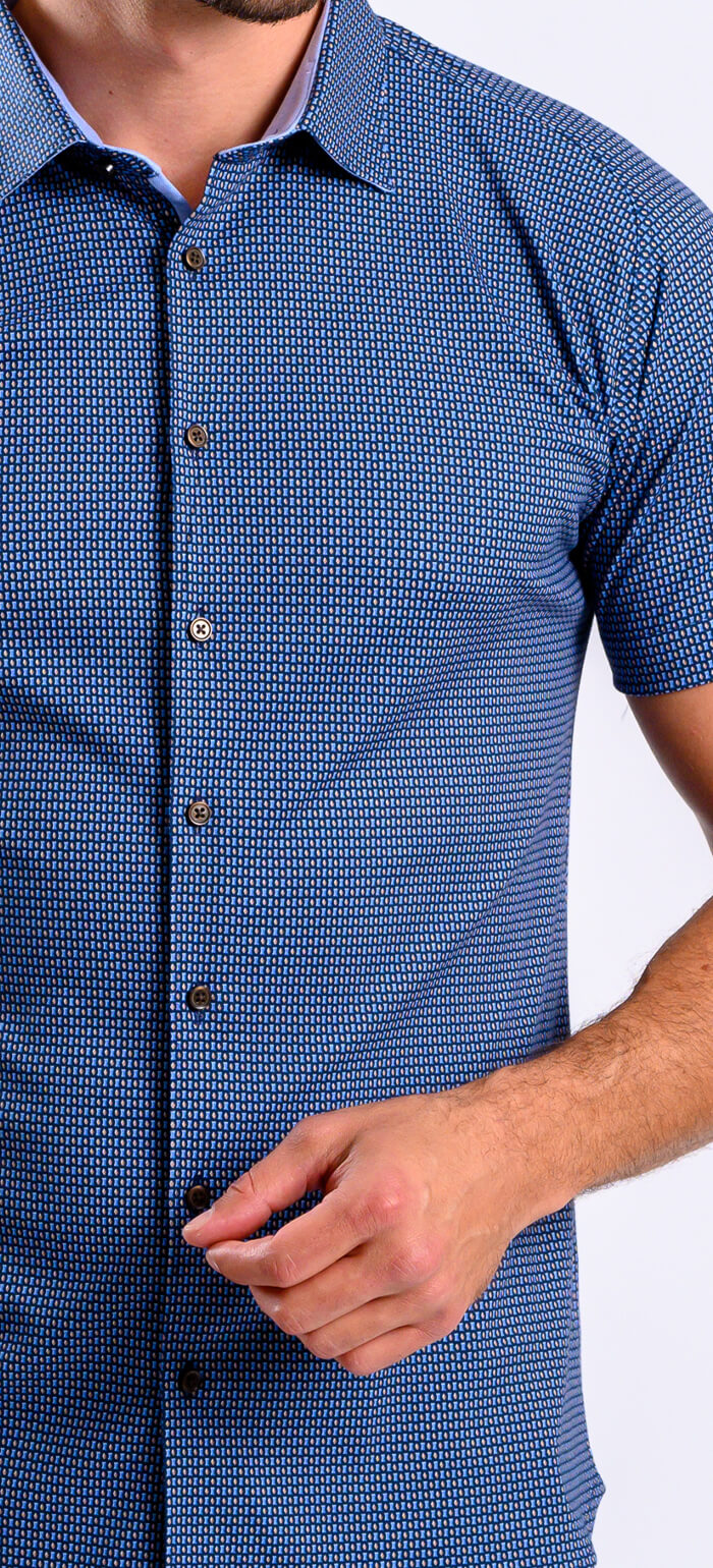 Navy Blue Patterned Stretch Extra Slim Fit Short Sleeve Shirt