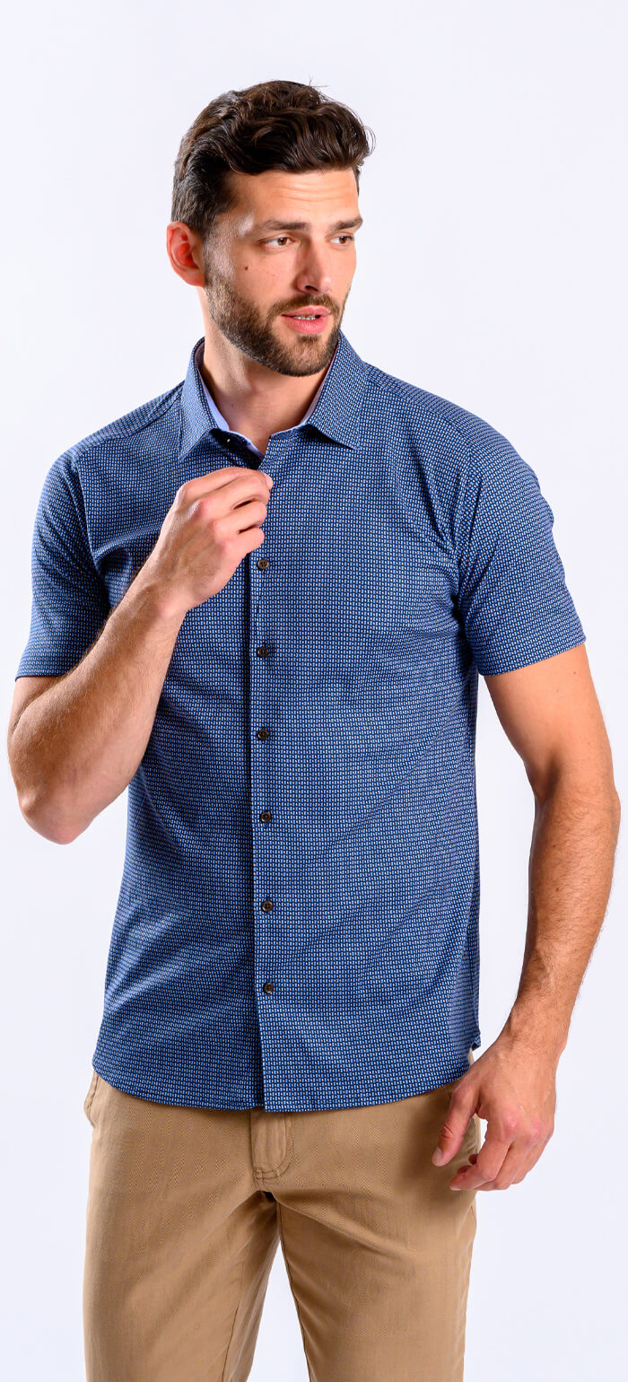 Navy Blue Patterned Stretch Extra Slim Fit Short Sleeve Shirt