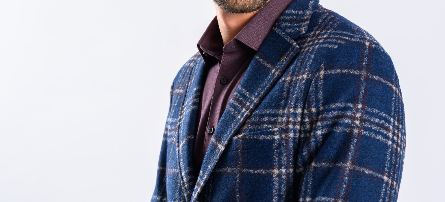 Navy blue blazer with beige check